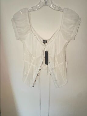 Cream Lace-Up Puff Sleeve Corset Blouse